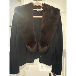 Vintage Turbo Interlock Black Orlon Sweater Crop Cardigan Mink Collar Faux Pearl